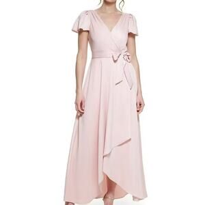 DKNY SZ 6 S Pink Satin V-Neck Faux Wrap High-Low Midi Dress NWT B153